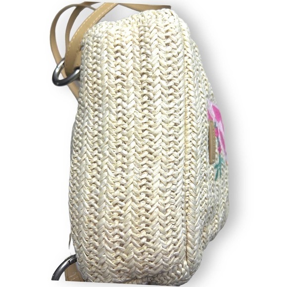 Vera Bradley Straw Mini Convertible Backpack Light Natural Straw Tan Pink Green - Picture 7 of 13